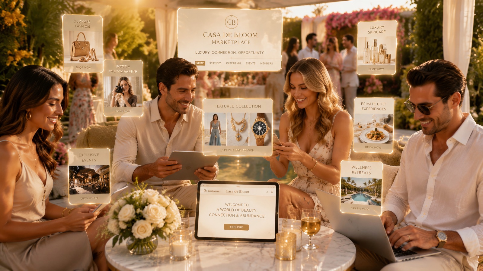 Guests browsing the Casa de Bloom Marketplace on tablets at the event